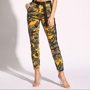 Yellow Camouflage Belted Side Stipe Joggers